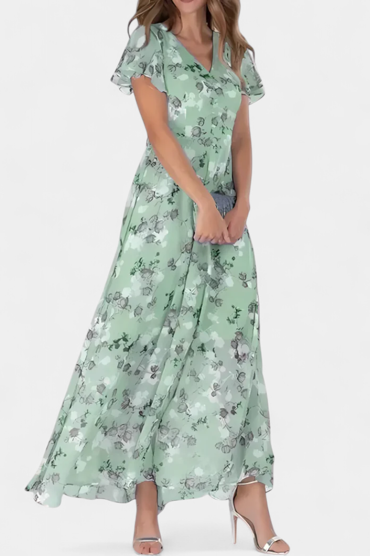 Robe Maxi Florale Amara avec Décolleté en V et Manches Volantes