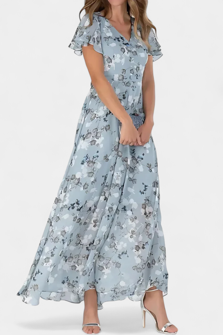 Robe Maxi Florale Amara avec Décolleté en V et Manches Volantes