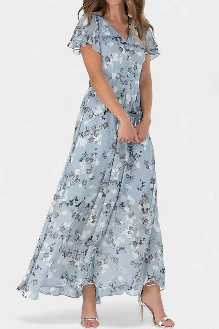 Robe Maxi Florale Amara avec Décolleté en V et Manches Volantes