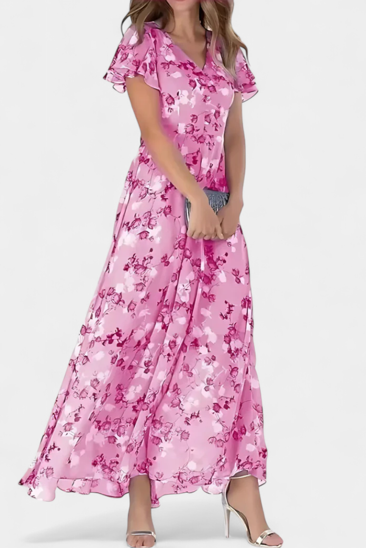 Robe Maxi Florale Amara avec Décolleté en V et Manches Volantes