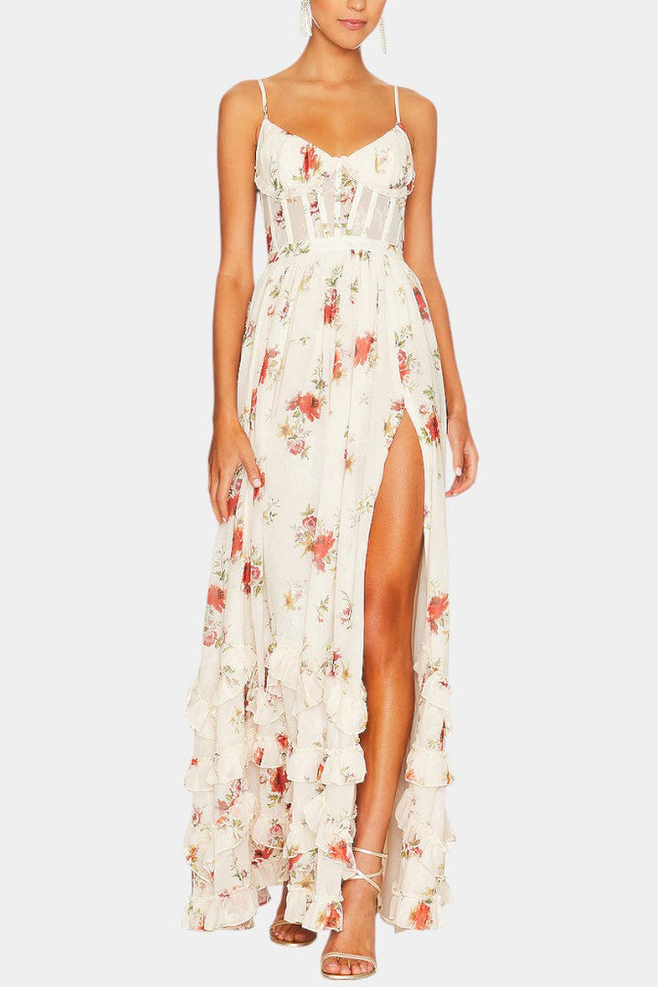 Robe Maxi Luna avec Corset Floral et Silhouette Sophistiquée