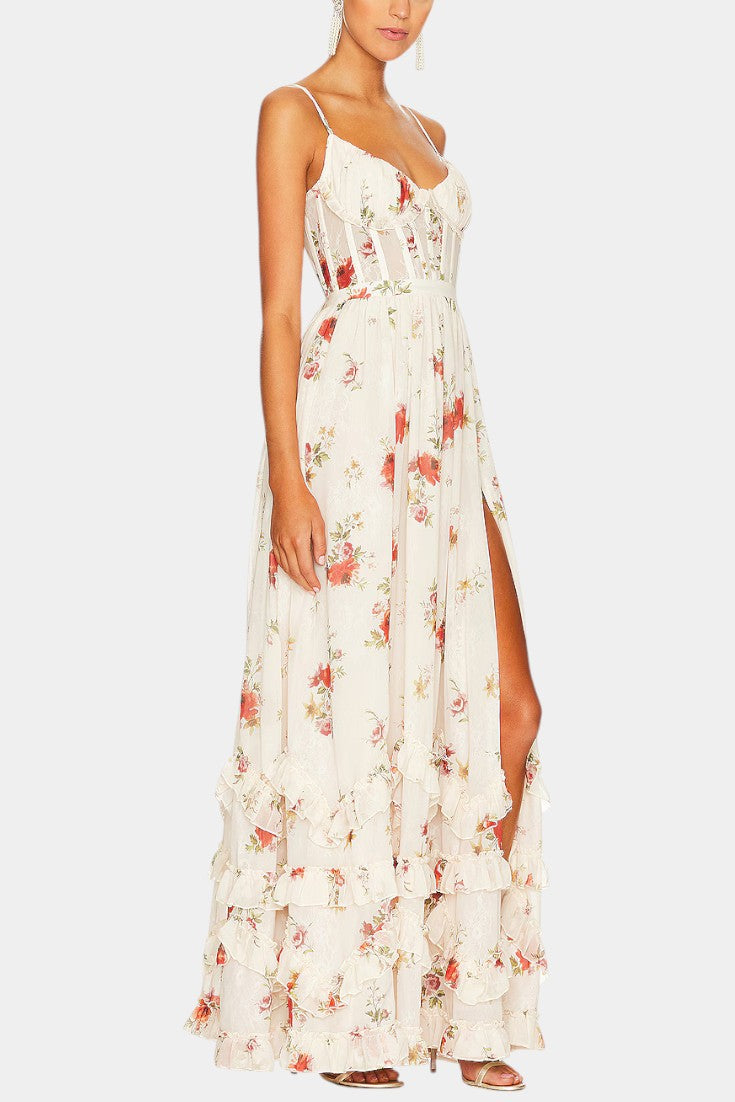 Robe Maxi Luna avec Corset Floral et Silhouette Sophistiquée