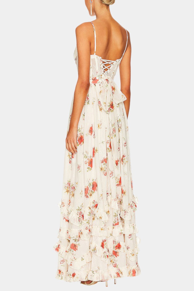 Robe Maxi Luna avec Corset Floral et Silhouette Sophistiquée