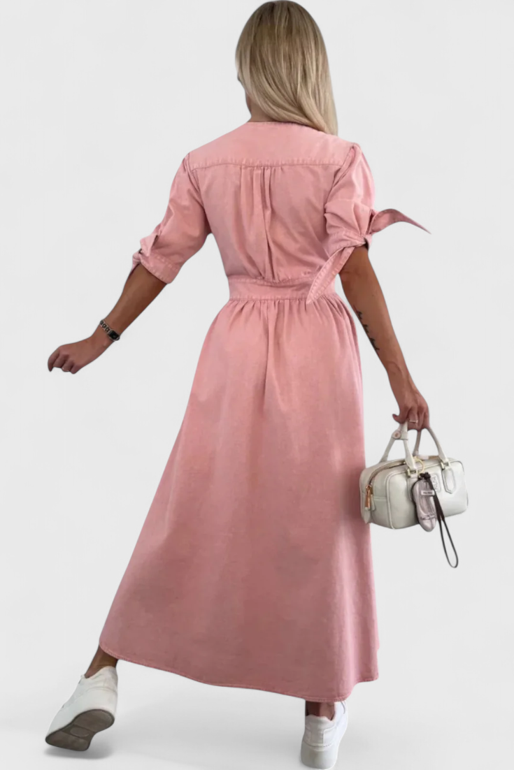 Robe Midi en Jean Adelina avec Boutons et Décolleté en V