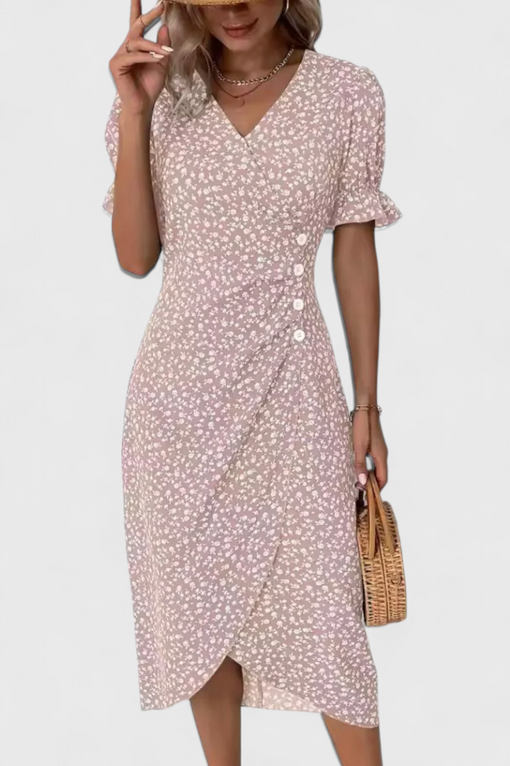 Robe Midi Florale Joana avec Décolleté en V et Manches Courtes