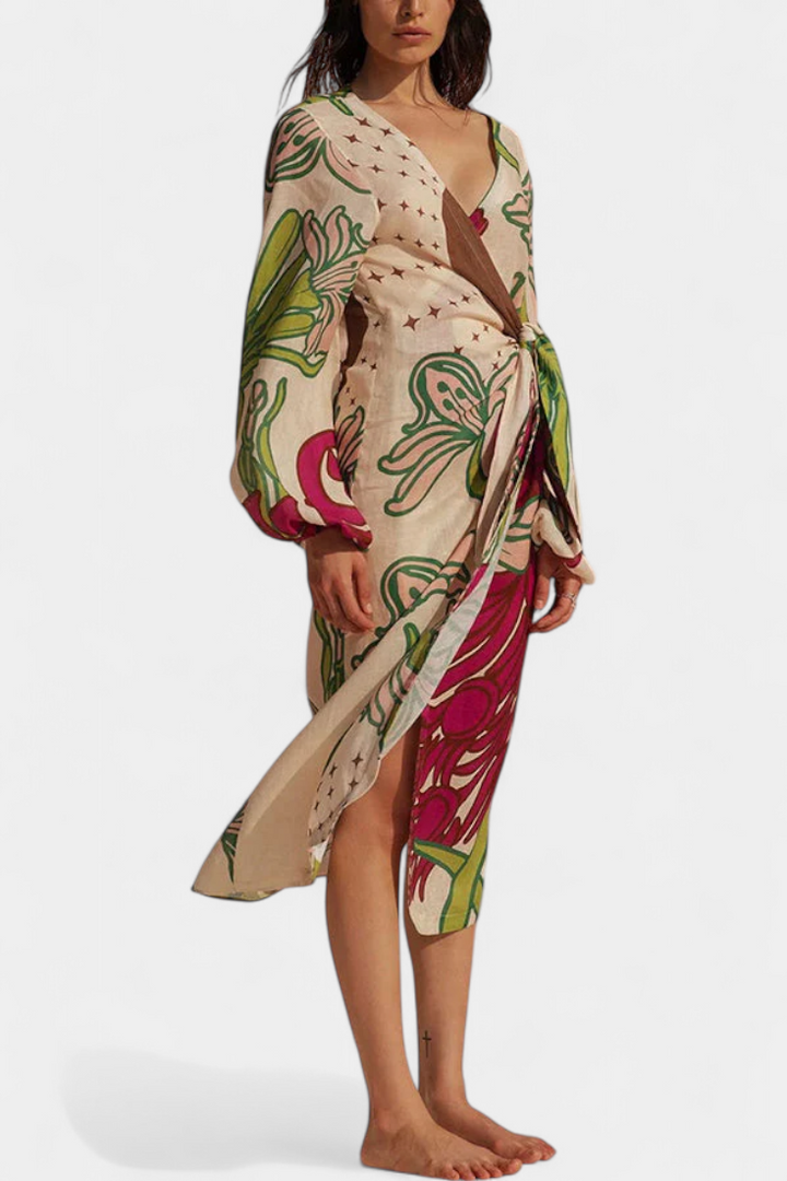 Robe Fana Croisée Imprimée Florale avec Nœud à la Taille