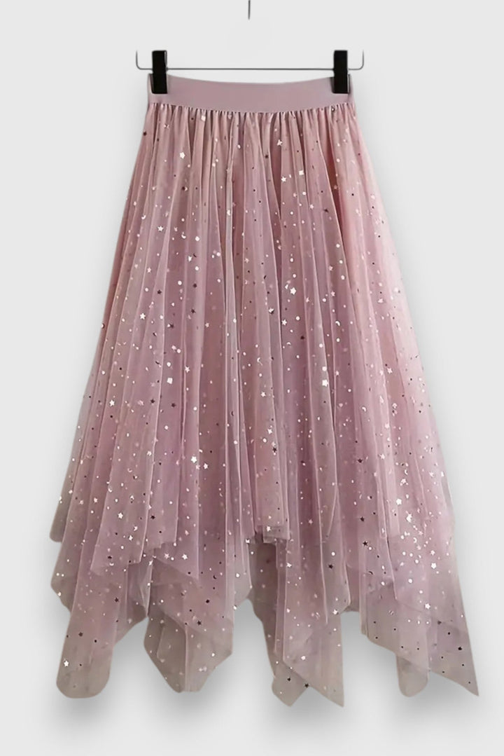 Jupe Colette en Sequins avec Ourlet Froncé et Taille Haute