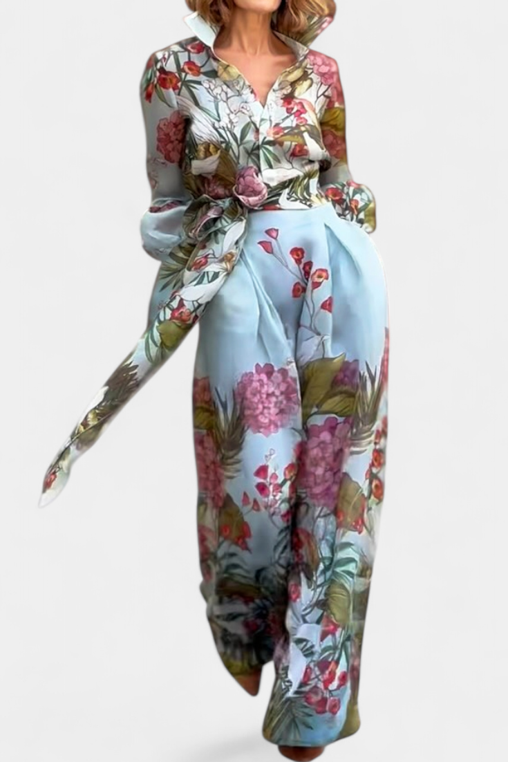 Sanne Ensemble Élégant Imprimé de Chemise et Pantalon Fluide
