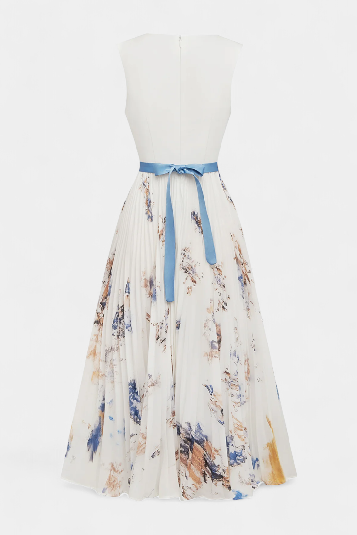 Robe Midi Sans Manches Elise avec Imprimé Floral et Plis