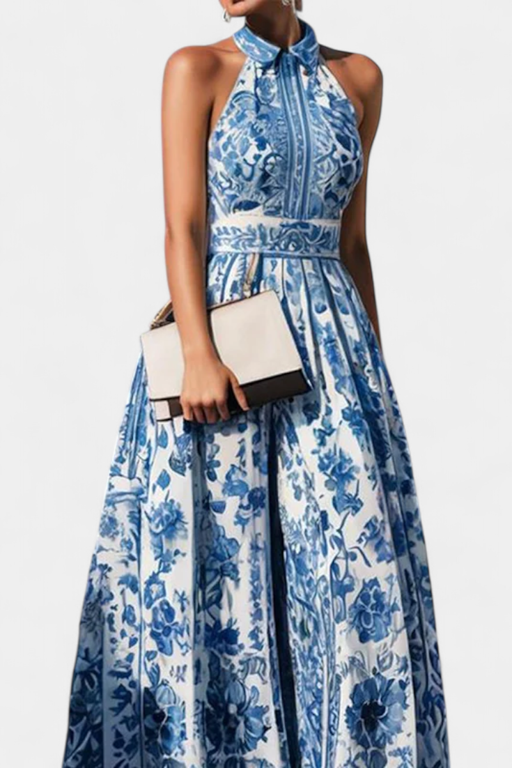 Robe Shante A-Line Imprimée Florale avec Col Rabattu