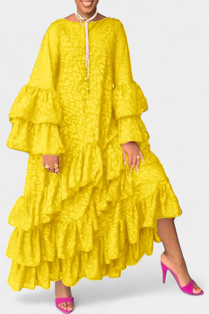 Eliselle Robe Maxi Asymétrique avec Volants et Manches Évasées