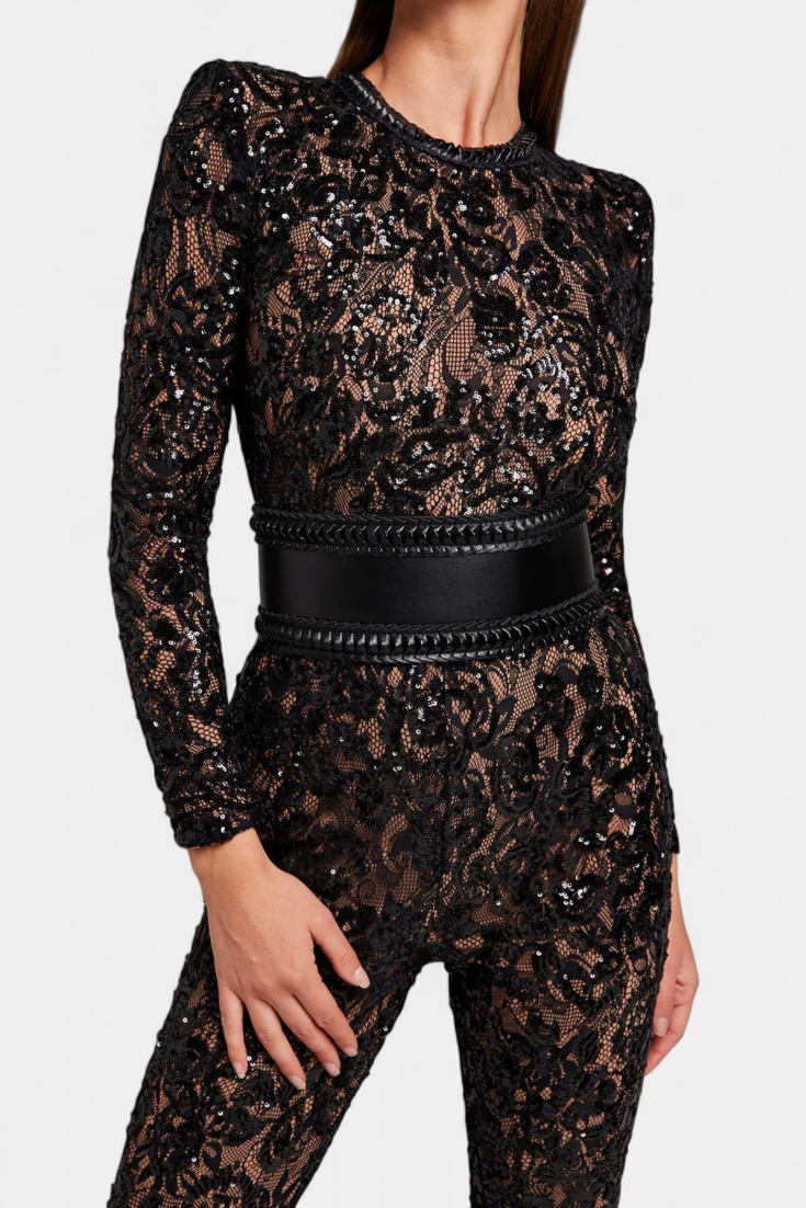 Jimena Combinaison en Dentelle avec Paillettes et Ceinture