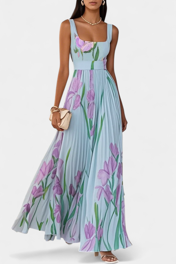 Robe Longue Plissée Calanthe avec Imprimé Floral et Décolleté Carré