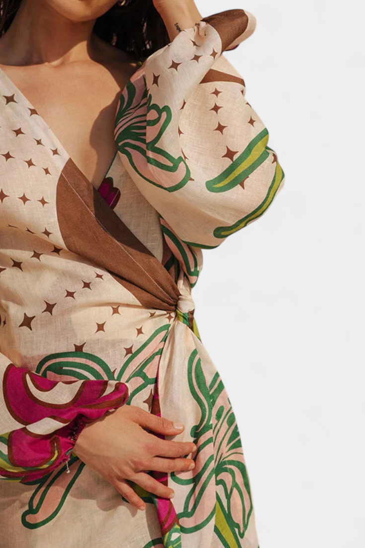 Robe Fana Croisée Imprimée Florale avec Nœud à la Taille