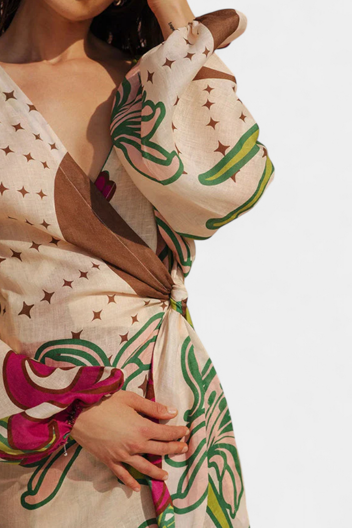 Robe Fana Croisée Imprimée Florale avec Nœud à la Taille
