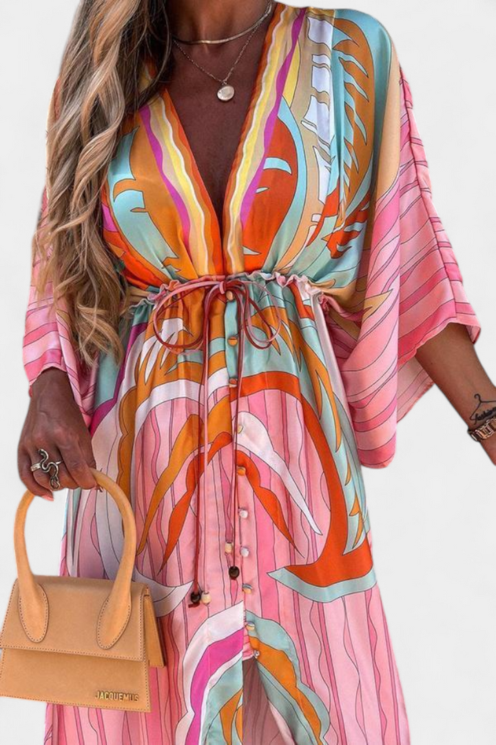 Robe Maxi Joelle Arc-en-ciel avec Décolleté en V et Manches Chauve-Souris