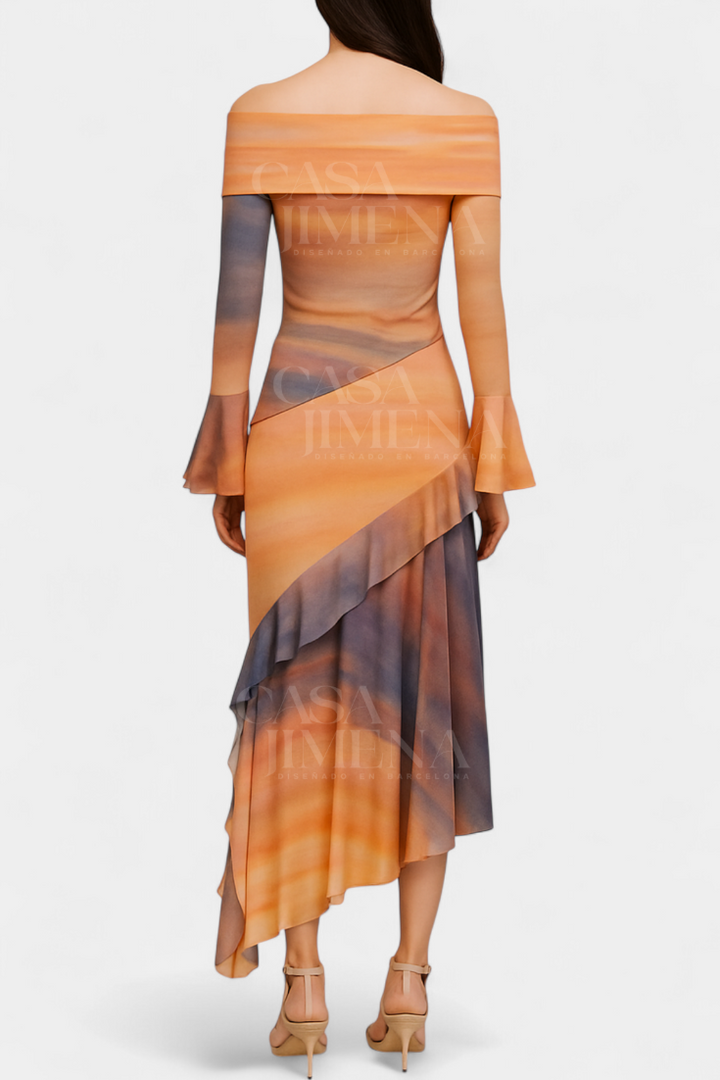 Agentha Robe Longue Asymétrique avec Imprimé Tie-Dye