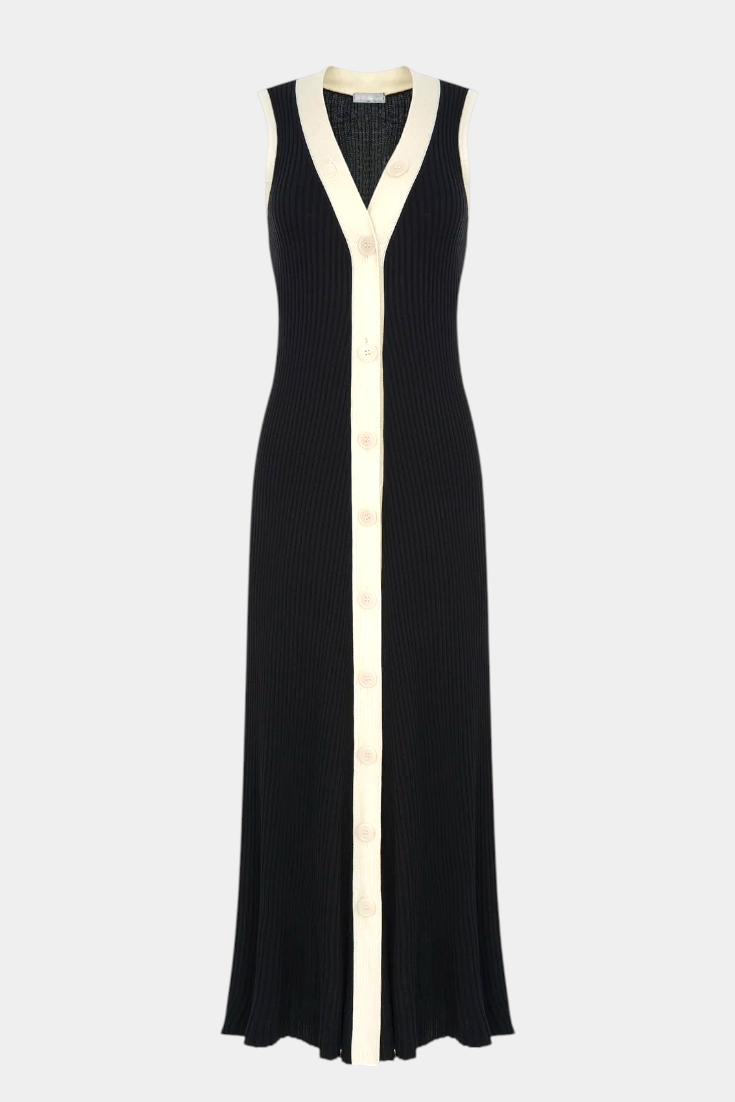 Robe Brielle en Tricot Sans Manches avec Décolleté en V et Boutons Contrastés