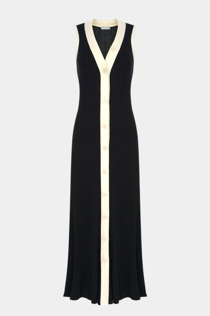 Robe Brielle en Tricot Sans Manches avec Décolleté en V et Boutons Contrastés