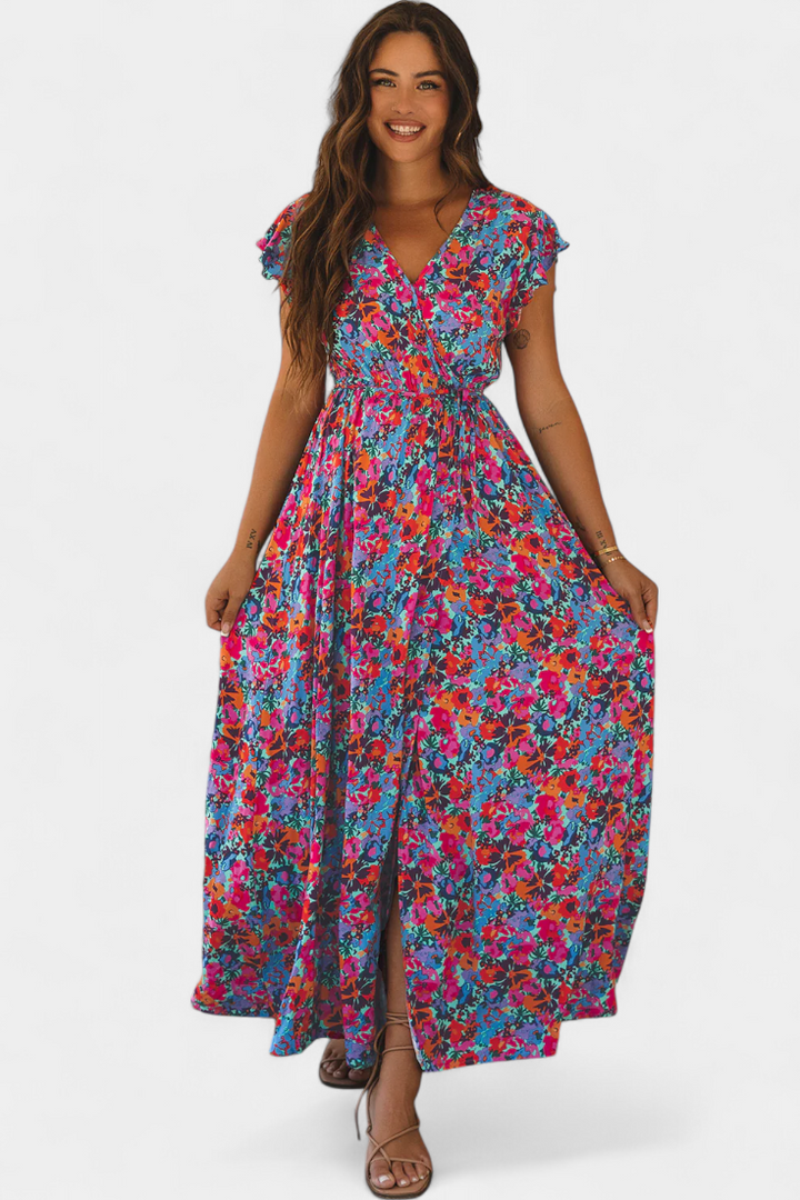 Robe Ximena Croisée Longue avec Imprimé Floral et Fente Latérale