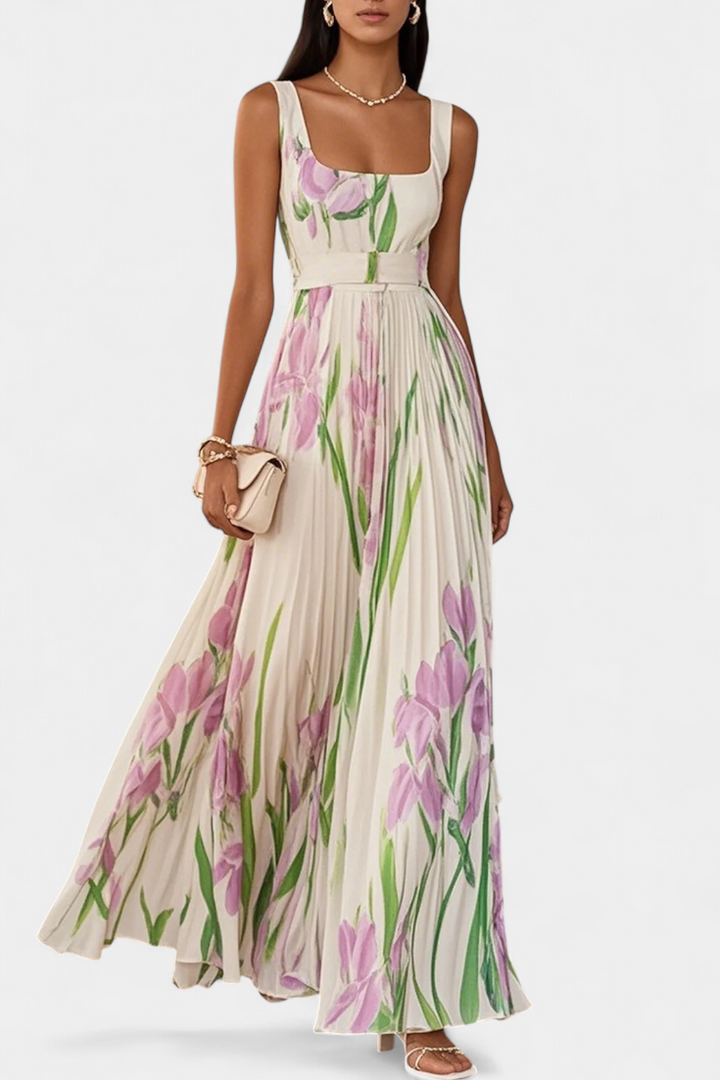 Robe Longue Plissée Calanthe avec Imprimé Floral et Décolleté Carré