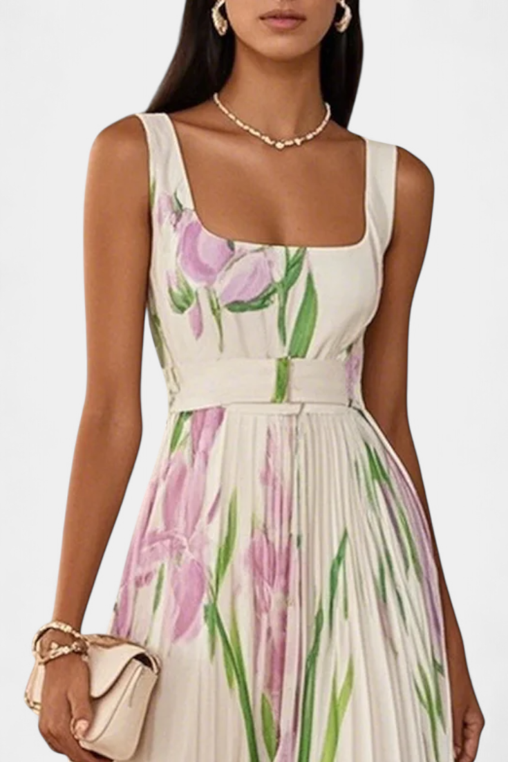 Robe Longue Plissée Calanthe avec Imprimé Floral et Décolleté Carré