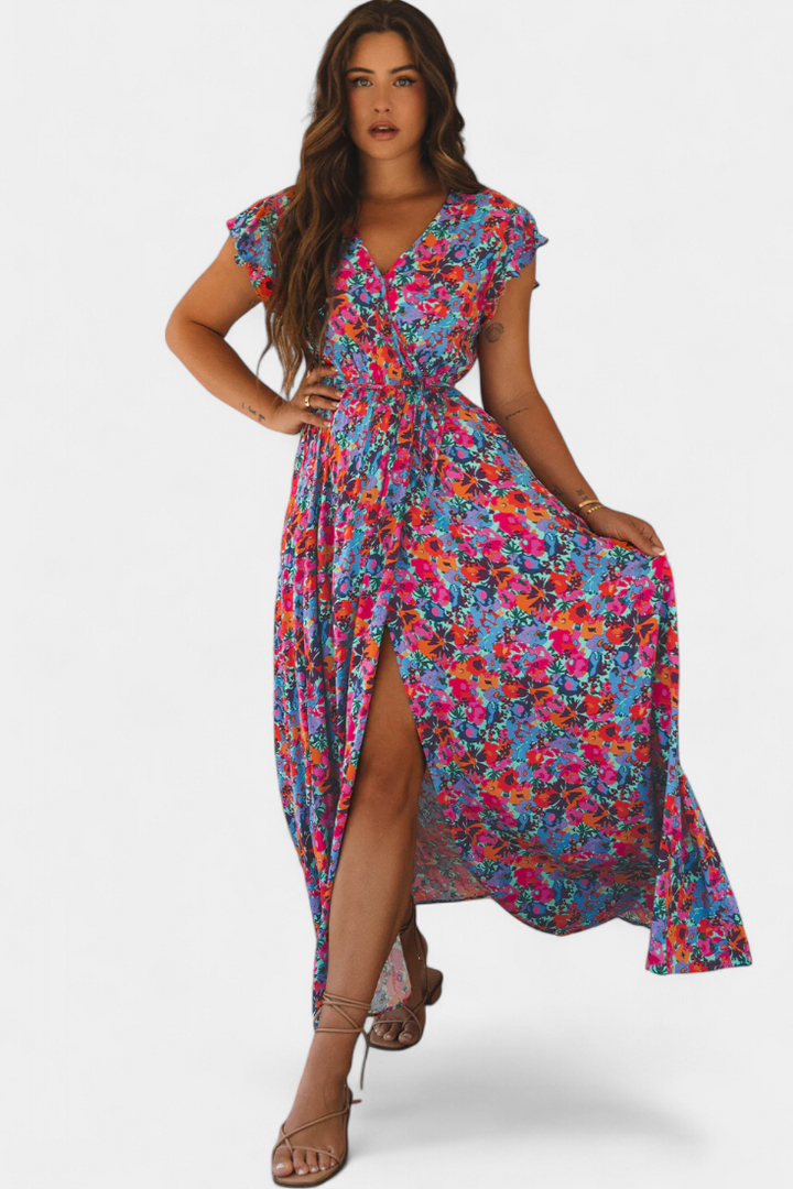 Robe Ximena Croisée Longue avec Imprimé Floral et Fente Latérale