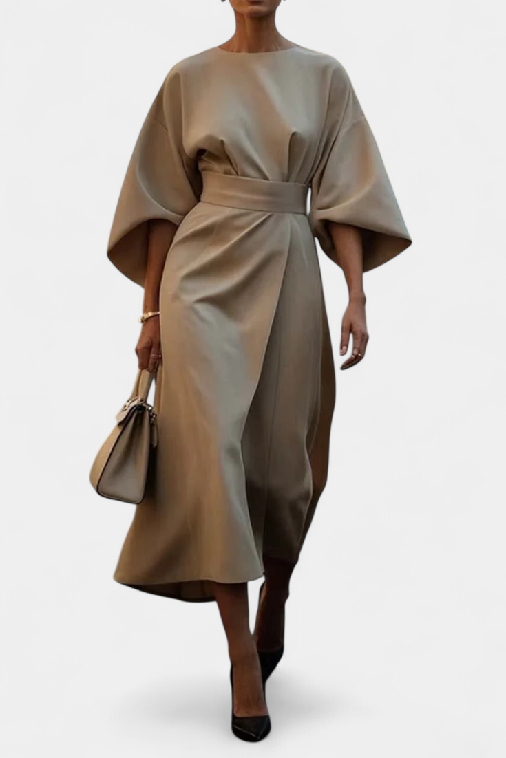Robe Midi Micaela avec Manches Lantern et Taille Cintrée