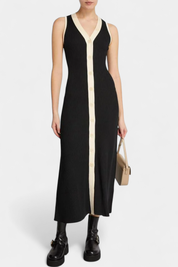 Robe Brielle en Tricot Sans Manches avec Décolleté en V et Boutons Contrastés