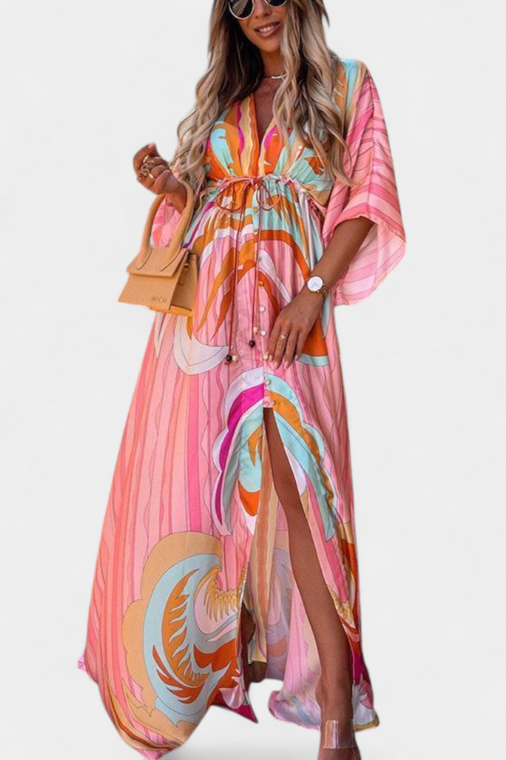 Robe Maxi Joelle Arc-en-ciel avec Décolleté en V et Manches Chauve-Souris