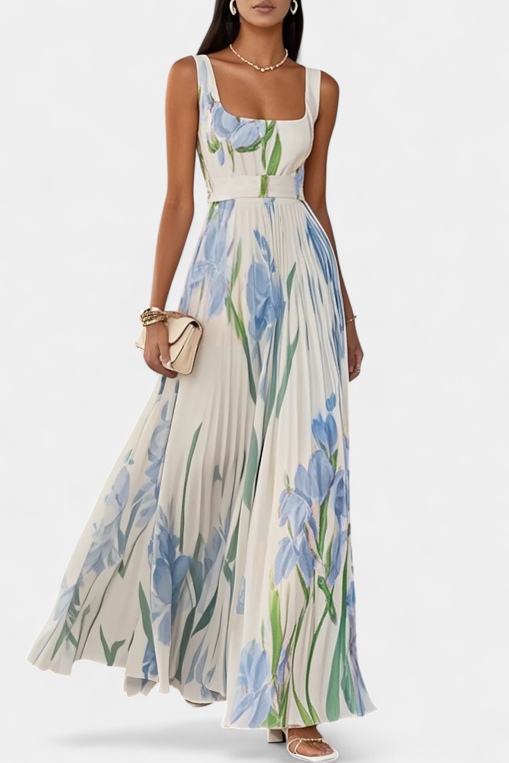 Robe Longue Plissée Calanthe avec Imprimé Floral et Décolleté Carré