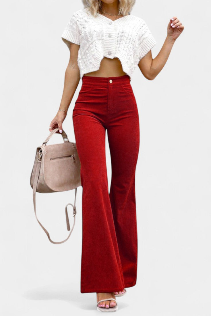 Pantalons Kiara en Velours à Taille Haute et Jambes Amples
