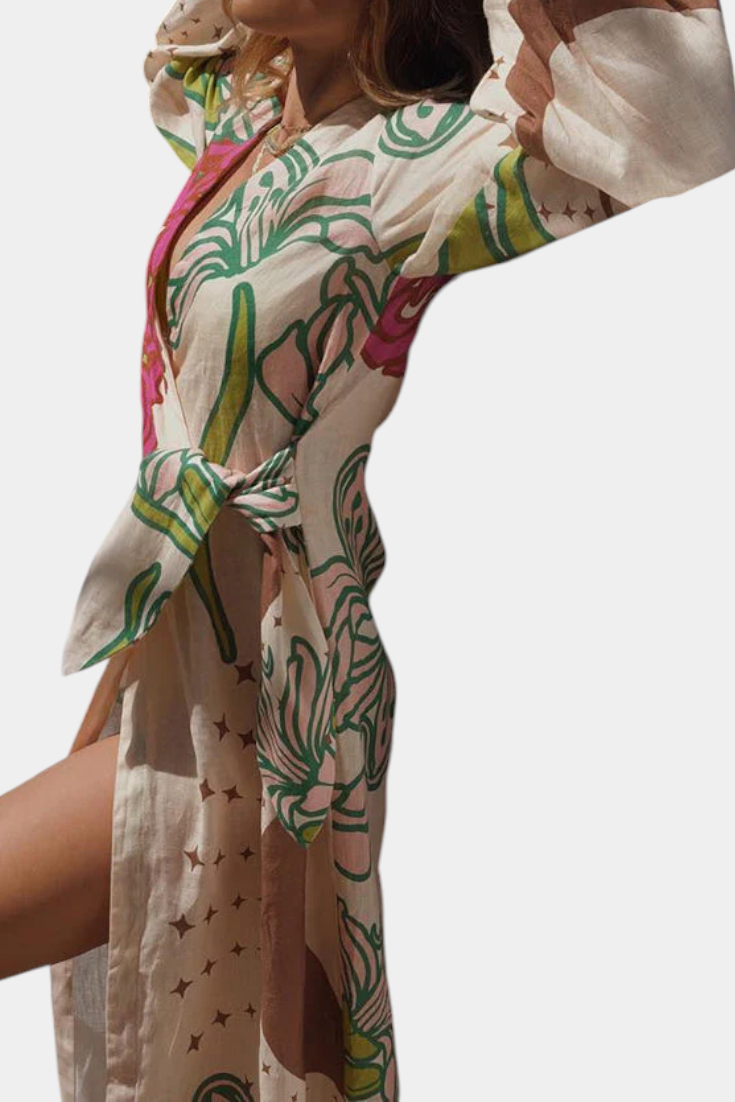 Robe Fana Croisée Imprimée Florale avec Nœud à la Taille