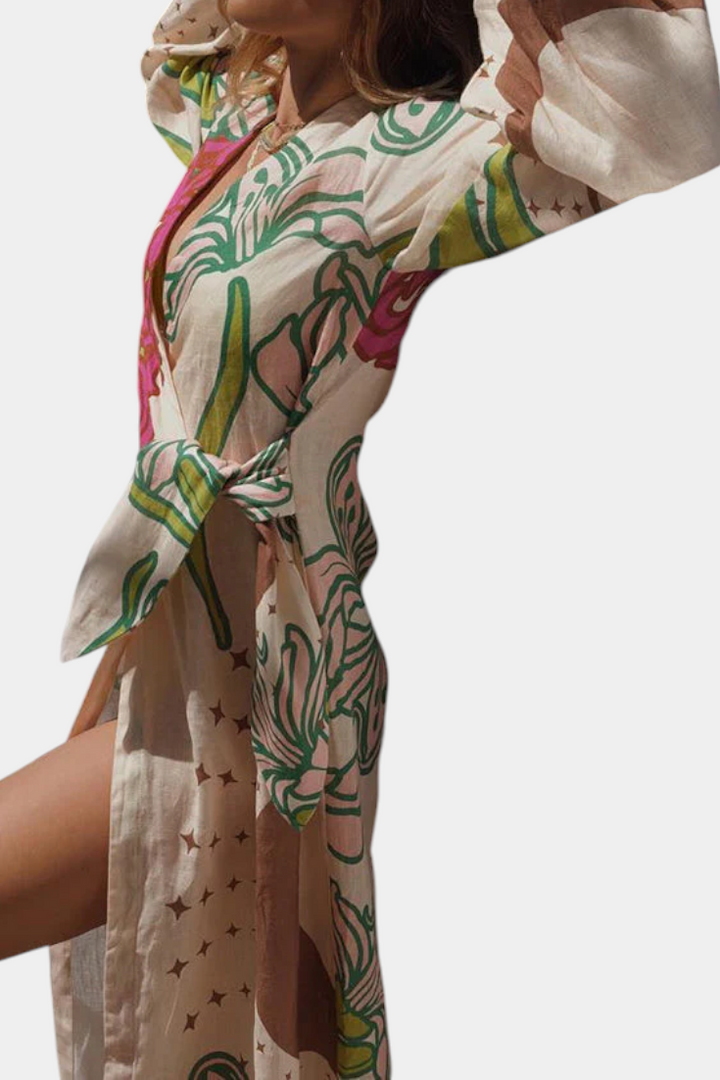 Robe Fana Croisée Imprimée Florale avec Nœud à la Taille