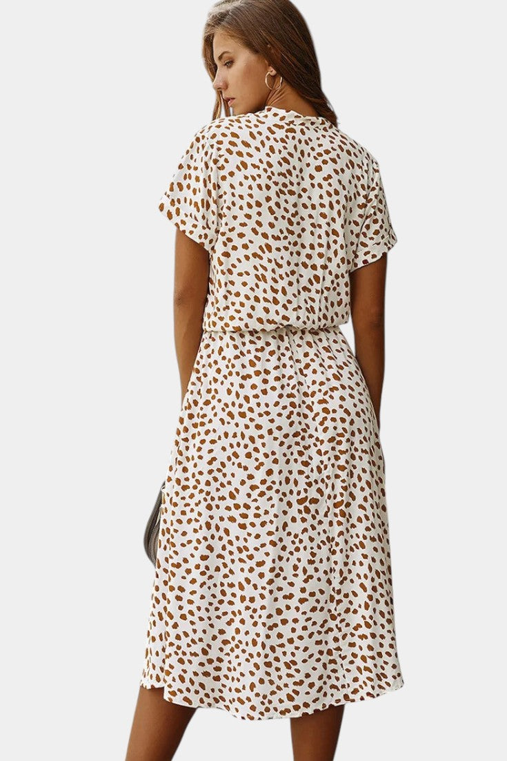 Rovena Robe Midi à Pois avec Col Chemisier et Taille Ajustable