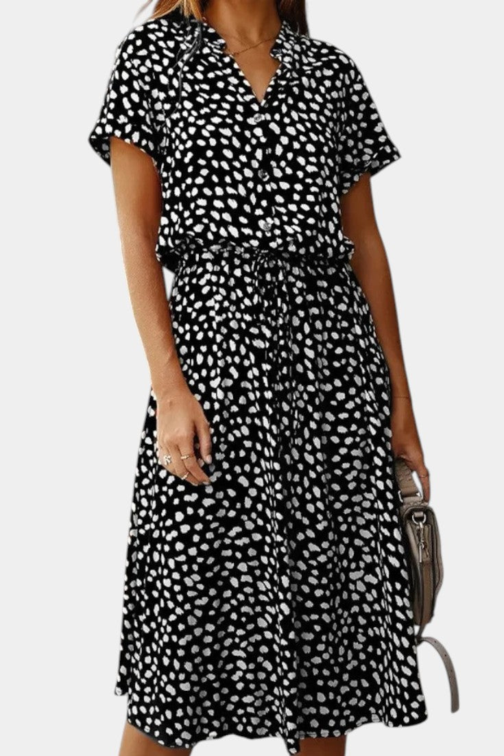 Rovena Robe Midi à Pois avec Col Chemisier et Taille Ajustable