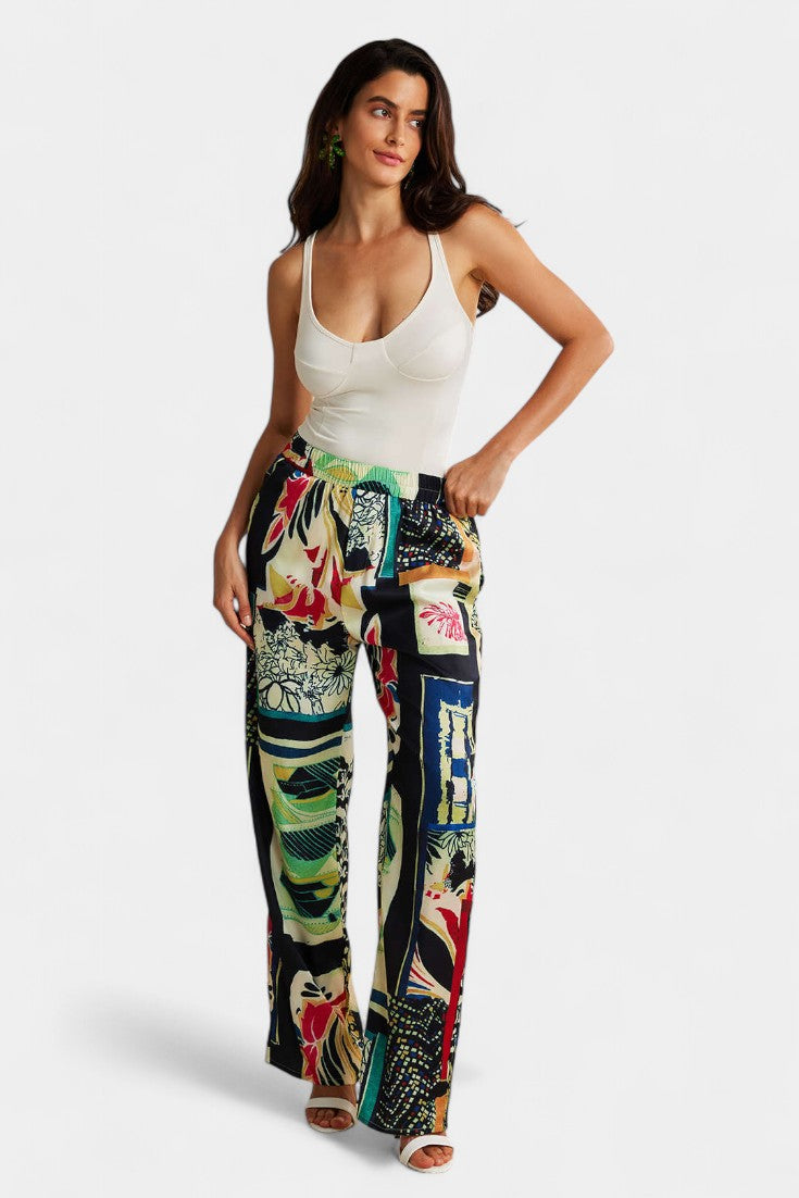 Pantalons Droits Taille Haute avec Imprimé Floral