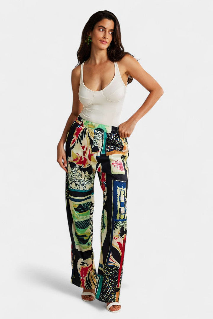Pantalons Droits Taille Haute avec Imprimé Floral