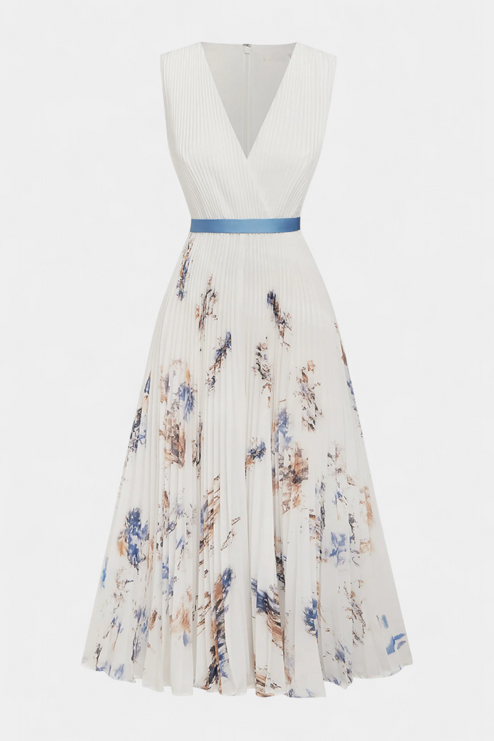 Robe Midi Sans Manches Elise avec Imprimé Floral et Plis