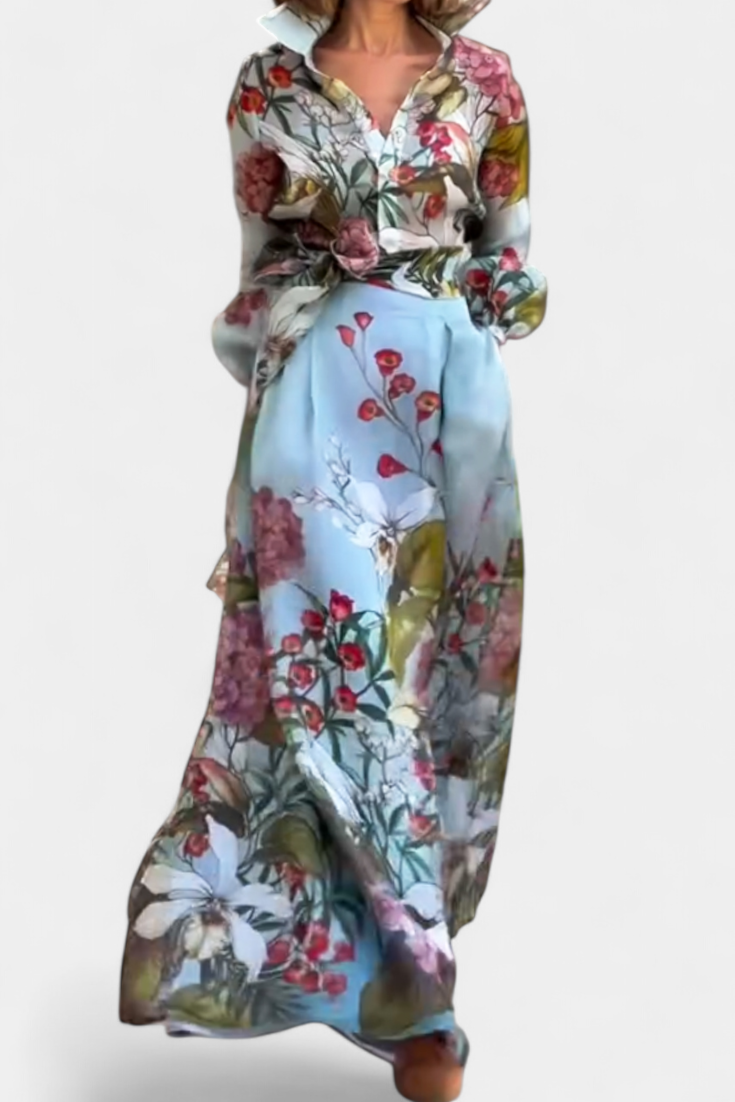 Sanne Ensemble Élégant Imprimé de Chemise et Pantalon Fluide