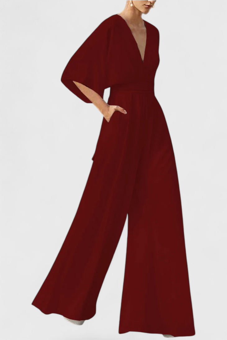 Isaura Mono Long Élégant avec Pantalon Large et Décolleté en V