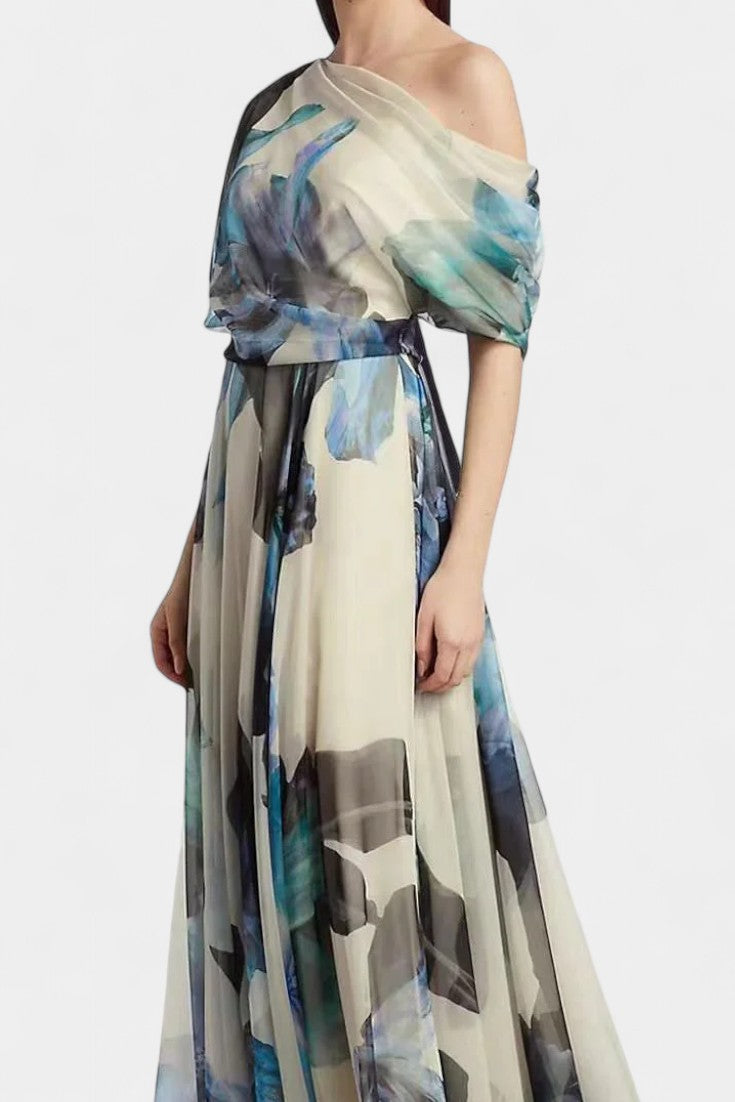 Robe Asymétrique Sanaa à Épaule Unique avec Imprimé Floral Abstrait