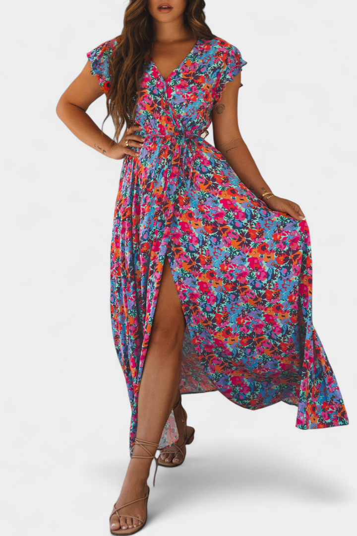 Robe Ximena Croisée Longue avec Imprimé Floral et Fente Latérale