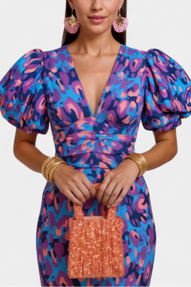 Robe Wibia Imprimée avec Fronces Centrales et Manches Volumineuses