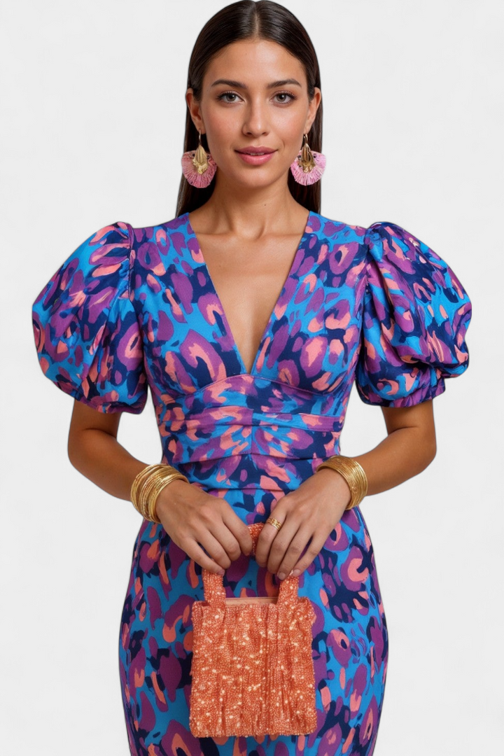 Robe Wibia Imprimée avec Fronces Centrales et Manches Volumineuses