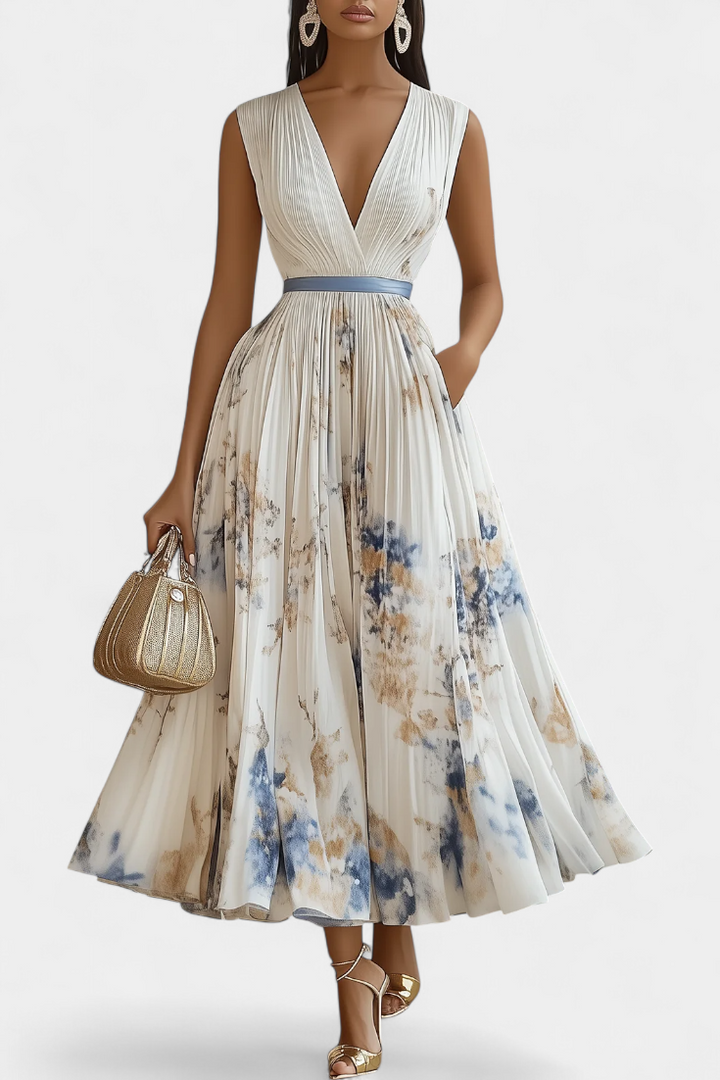 Robe Midi Sans Manches Elise avec Imprimé Floral et Plis