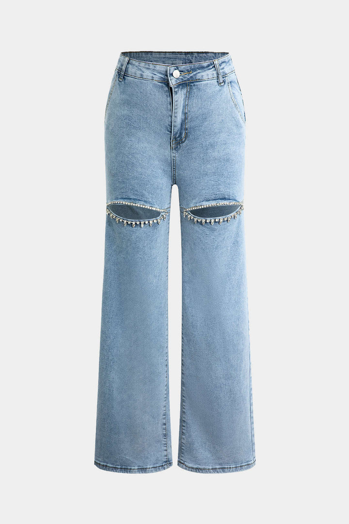 Jeans Evian Délavés Jambe Droite avec Strass