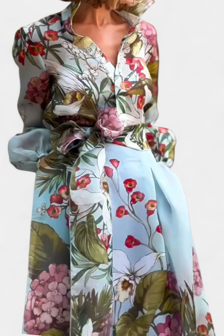 Sanne Ensemble Élégant Imprimé de Chemise et Pantalon Fluide