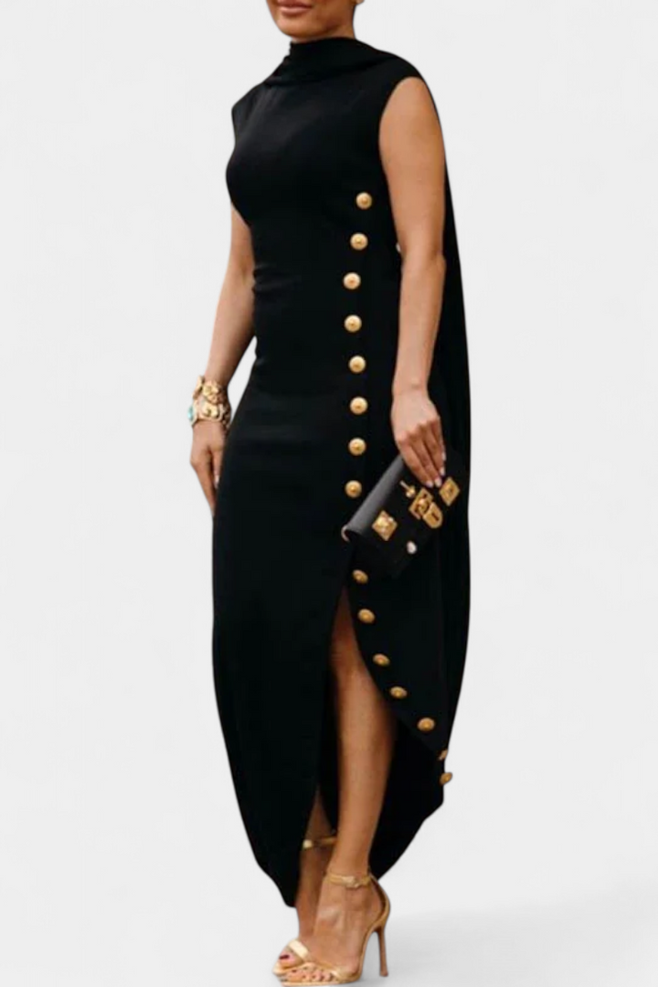 Robe Asymétrique Aphrodite avec Boutons Dorés Décoratifs