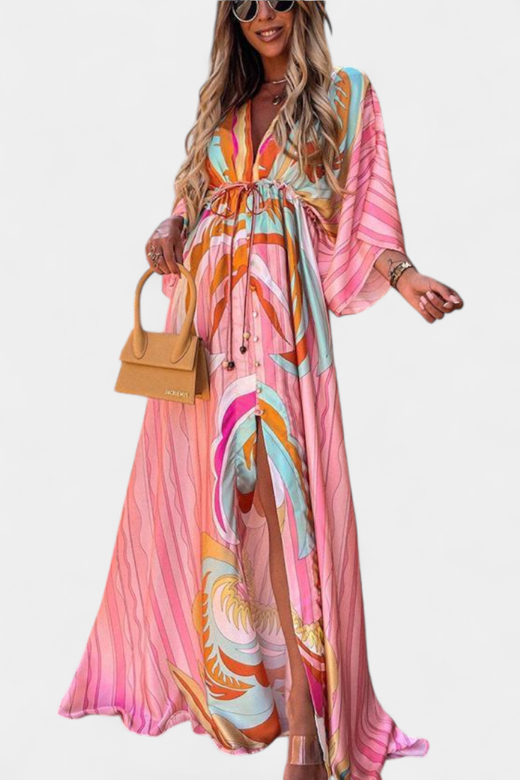 Robe Maxi Joelle Arc-en-ciel avec Décolleté en V et Manches Chauve-Souris